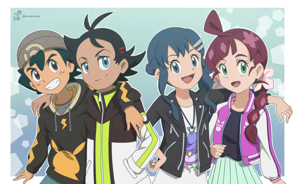 HD anime wallpaper featuring Pokémon characters Ash Ketchum, Goh, Dawn, and Chloe standing together with cheerful expressions and casual outfits.