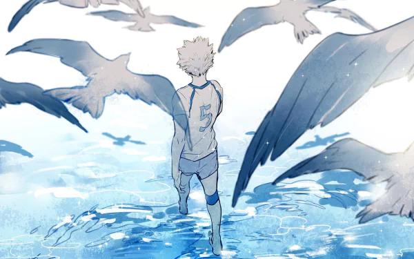 HD anime desktop wallpaper featuring Kōrai Hoshiumi from Haikyū!! running through water with seagulls flying overhead in a serene, blue-toned scene.