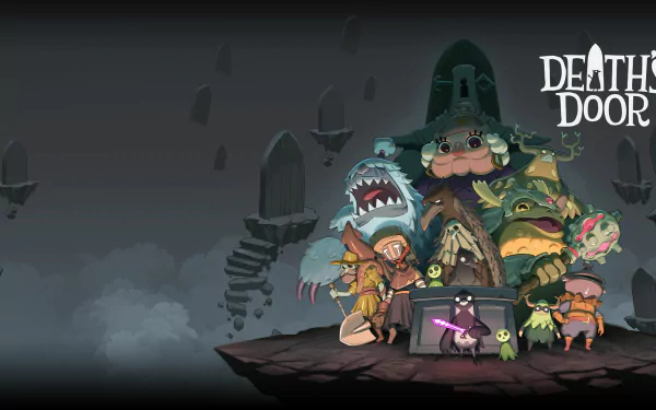 A vibrant HD desktop wallpaper from the video game Death's Door, featuring whimsical characters and a mysterious landscape against a dark backdrop.