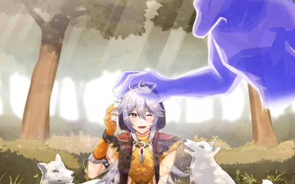 HD PC desktop wallpaper featuring Razor and Andrius from Genshin Impact, set in a serene forest scene with wolves and a glowing blue spirit.