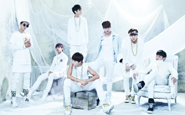 4K Ultra HD PC wallpaper of seven K-pop performers in coordinated white outfits posing in a minimalist, icy studio — a music-themed boy-band portrait with sleek, ethereal styling.