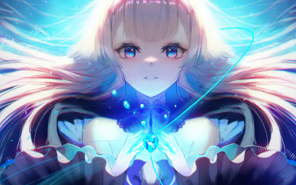 HD PC desktop wallpaper featuring Sangonomiya Kokomi from the video game Genshin Impact, glowing with ethereal blue light and intricate details.