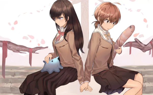 HD anime desktop wallpaper of Touko Nanami and Yuu Koito (Bloom Into You) in school uniforms, sitting back-to-back holding hands; Touko with a blue star plush, Yuu with a fish plush among falling petals.