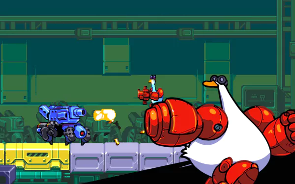 Mighty Goose HD desktop wallpaper featuring an animated goose character in an action-packed scene with vibrant graphics and a futuristic background.