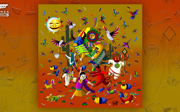 Vibrant Forza Horizon 5 themed HD desktop wallpaper featuring colorful abstract art and game motifs