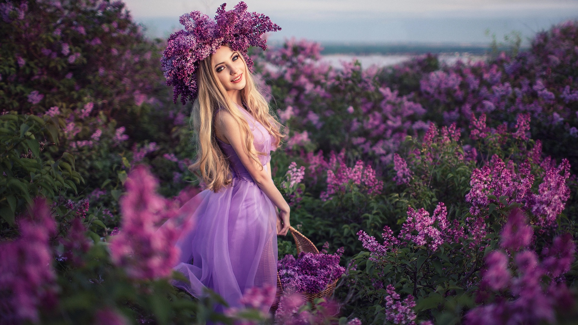 Download Purple Flower Lilac Wreath Blonde Woman Model Hd Wallpaper By