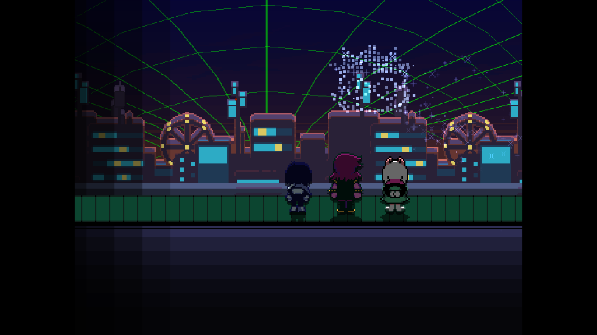 HD PC desktop wallpaper featuring Susie, Kris, and Ralsei from the video game Deltarune standing together against a neon-lit cityscape with a digital grid background.