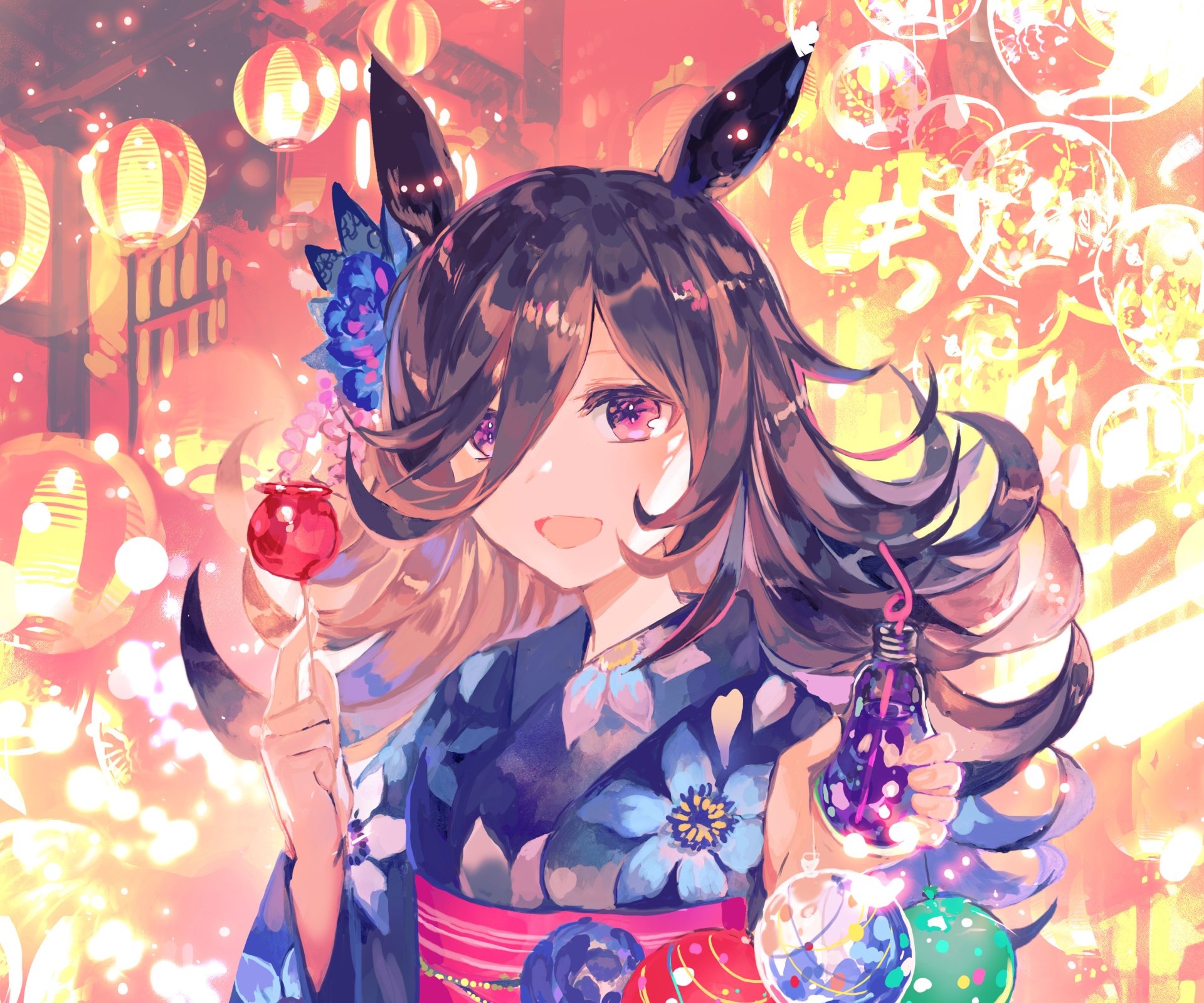 Rice Shower from Uma Musume: Pretty Derby — anime 2K Quad HD desktop wallpaper of her in a floral yukata at a glowing lantern festival, smiling and holding a candied apple.