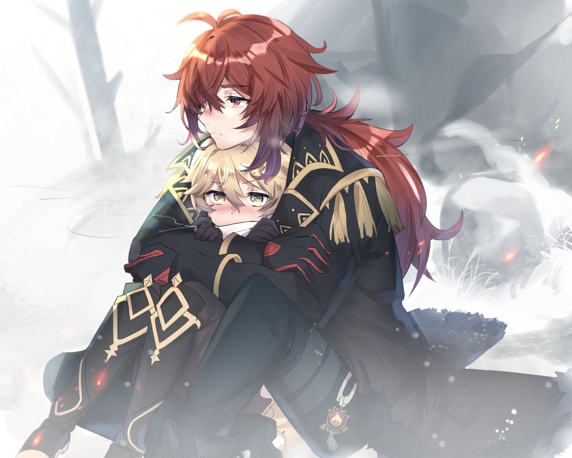 Diluc embraces Aether amid smoky snowy ruins, embers glowing — HD PC desktop wallpaper background featuring Genshin Impact characters (Diluc, Aether) from the video game.