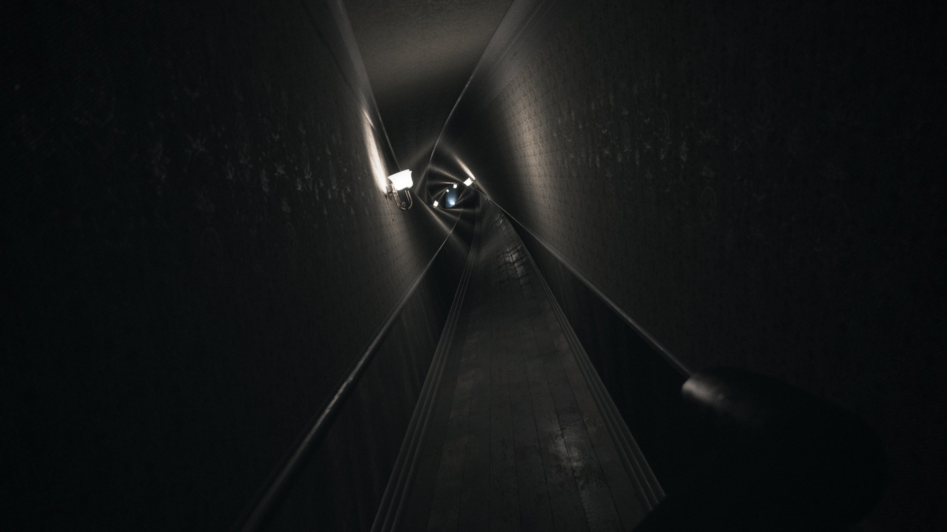 Abstract visage in a narrow, dimly-lit corridor, creating a mysterious HD desktop wallpaper and background.