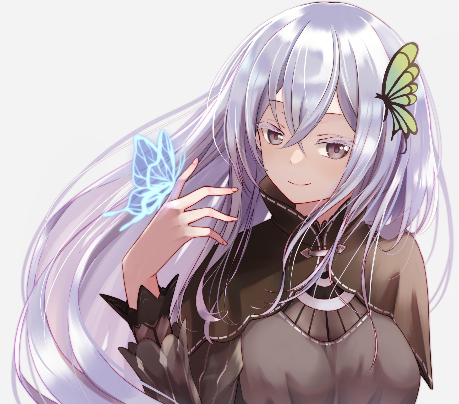 Echidna from Re:Zero anime with long silver hair and a glowing blue butterfly, featured in a 4K Ultra HD PC desktop wallpaper background.