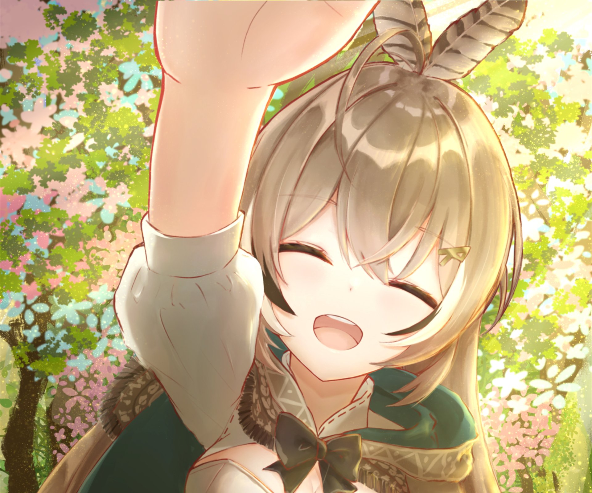 HD PC desktop wallpaper/background: hololive Virtual YouTuber Nanashi Mumei, anime-style, smiling beneath dappled sunlight with leafy bokeh.