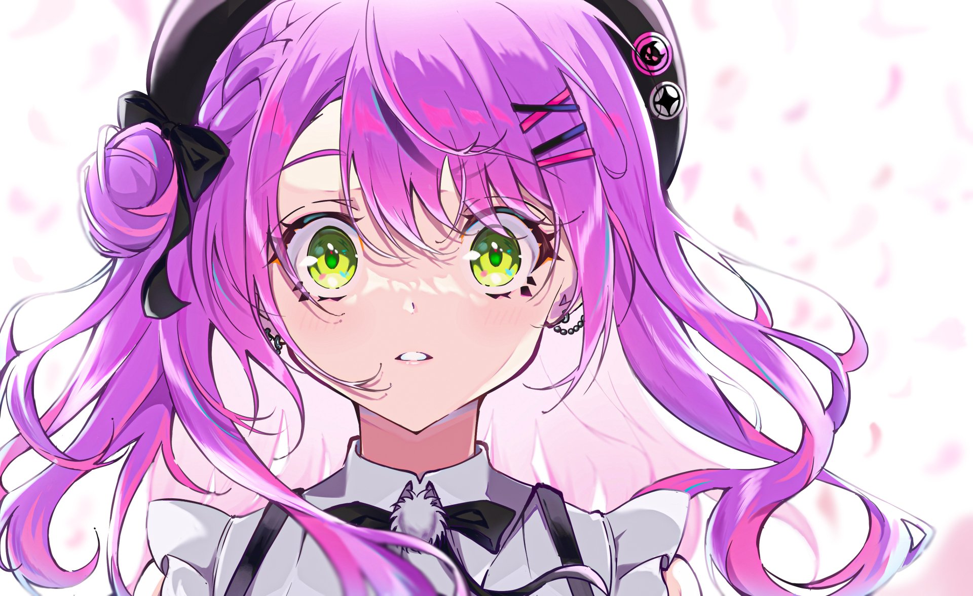 Tokoyami Towa of hololive — anime-style Virtual YouTuber close-up with pink hair, green eyes and headset ribbon; 2K Quad HD PC desktop wallpaper/background.