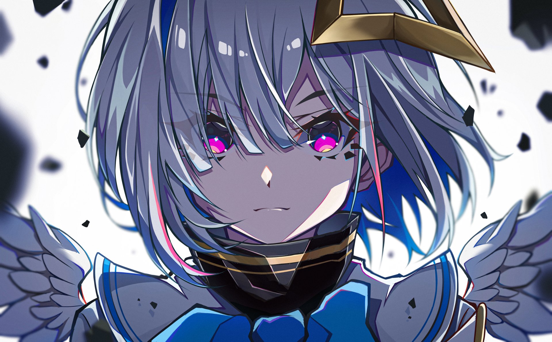 Close-up anime Amane Kanata of hololive: silver-blue hair, glowing magenta eyes, winged armor and floating shards — 4K Ultra HD Virtual YouTuber desktop wallpaper.