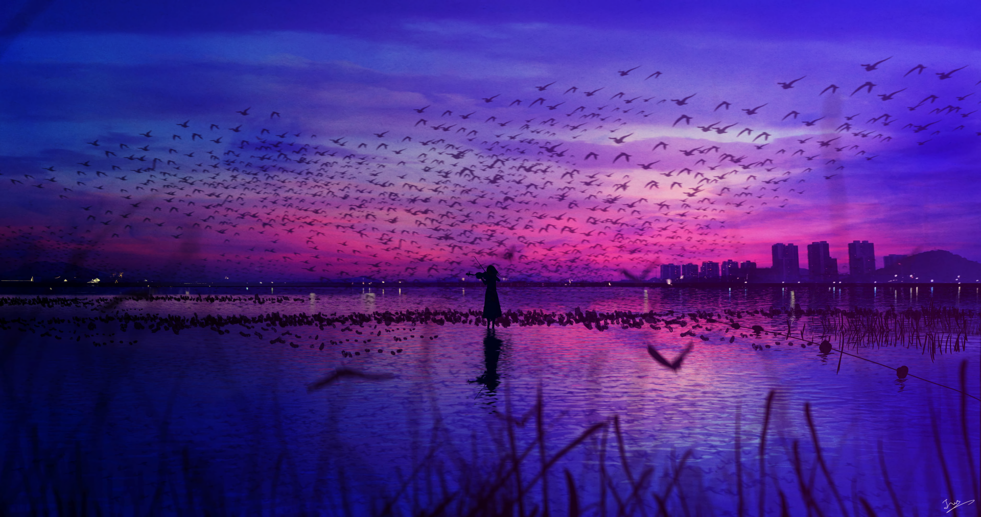An HD desktop wallpaper depicting an anime girl standing in a water body at sunset with a cityscape in the background and birds flying across the vibrant sky.
