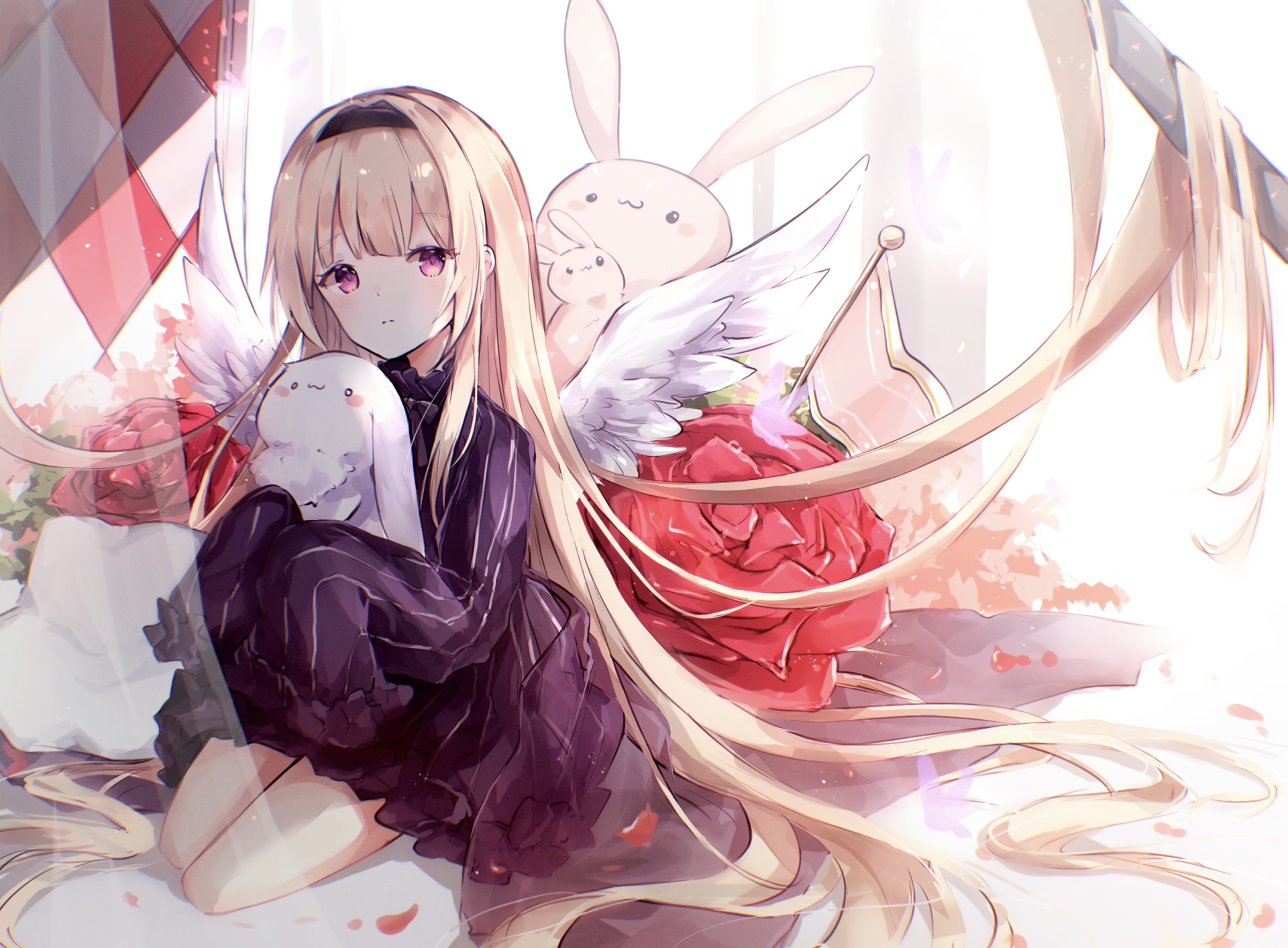 HD anime desktop wallpaper of a long-haired angel girl with white wings and flowing blonde hair, wearing a dark dress, holding a plush rabbit amid roses.