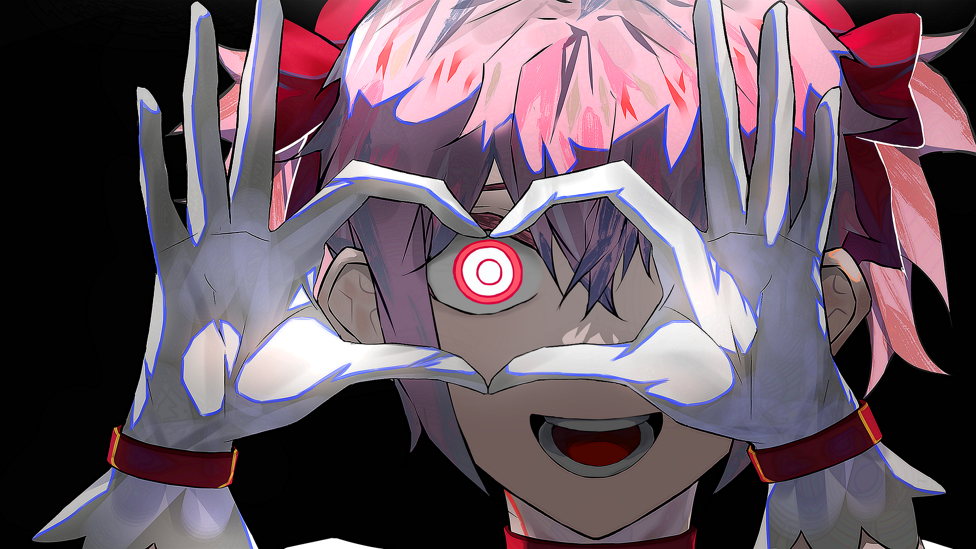 2K Quad HD PC wallpaper: Madoka Kaname (anime, Puella Magi Madoka Magica) — pink-haired, grinning magical girl frames a target on her forehead with gloved hands.