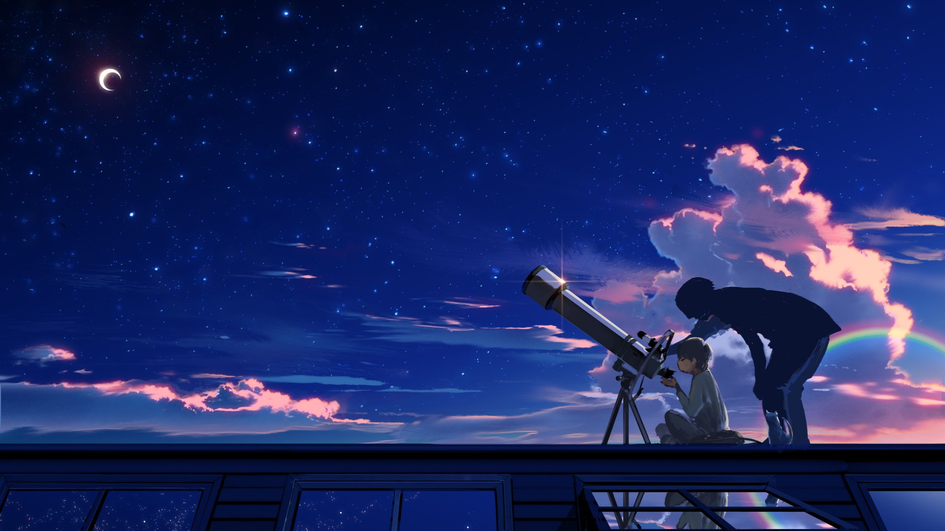 Anime boy using a telescope under a starry night sky, with deep blue tones and glowing clouds, captured as a vibrant HD PC desktop wallpaper background.