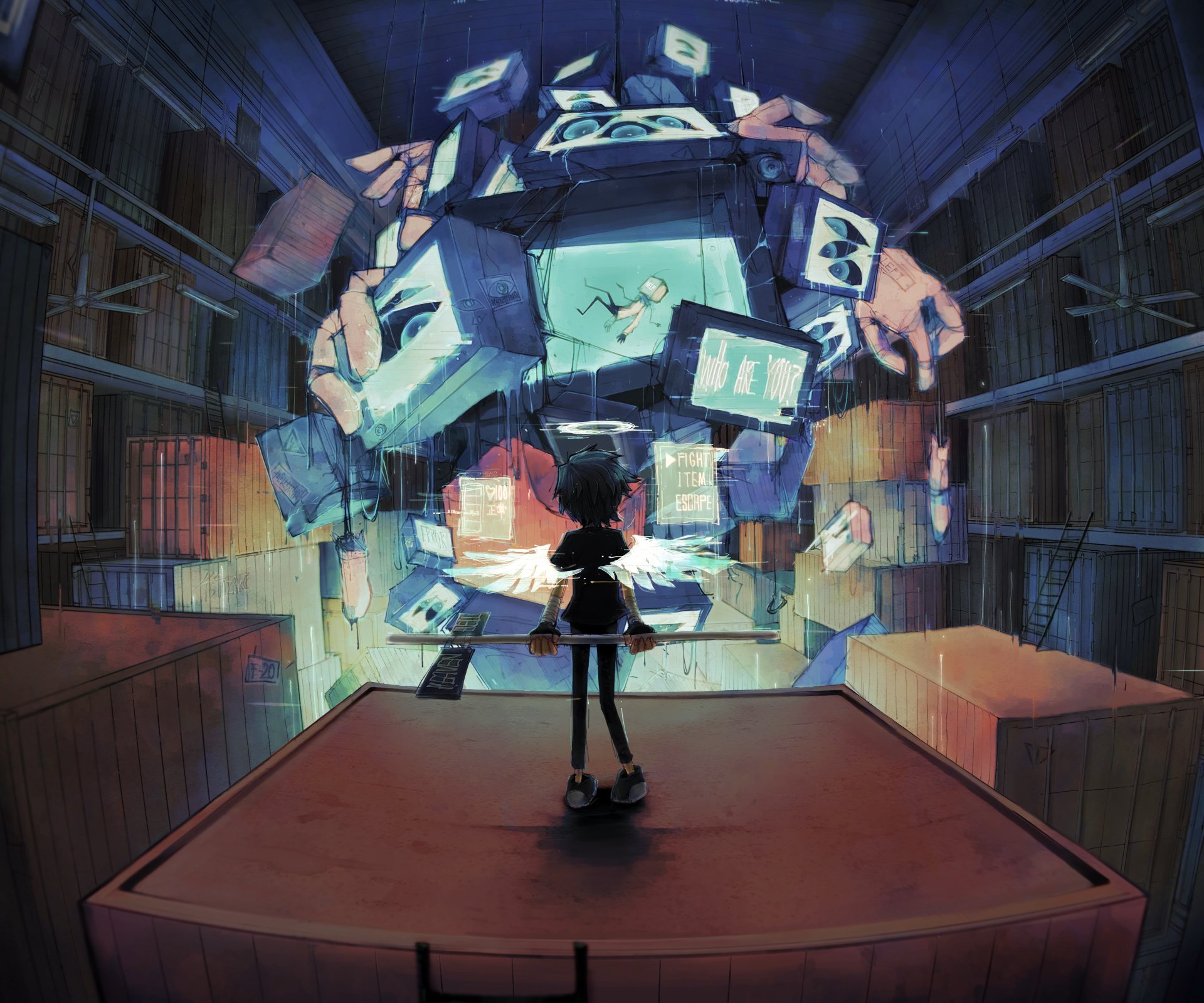 4K Ultra HD anime PC desktop wallpaper: silhouetted protagonist faces a luminous anime angel among floating holographic screens in a vast, industrial-lit hall.