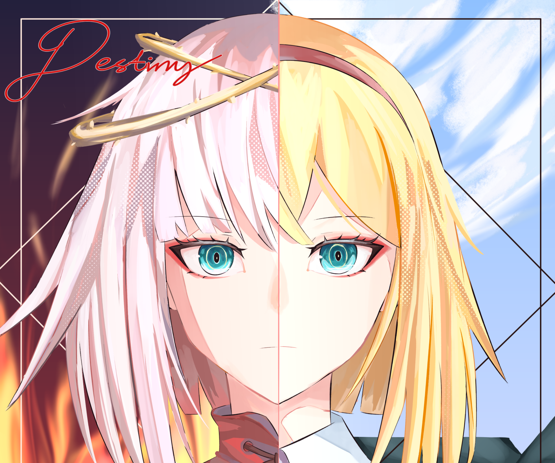 HD anime desktop wallpaper featuring Cosette Schneider from Takt Op. Destiny, showcasing a striking split-faced design with blue eyes and contrasting hair colors.