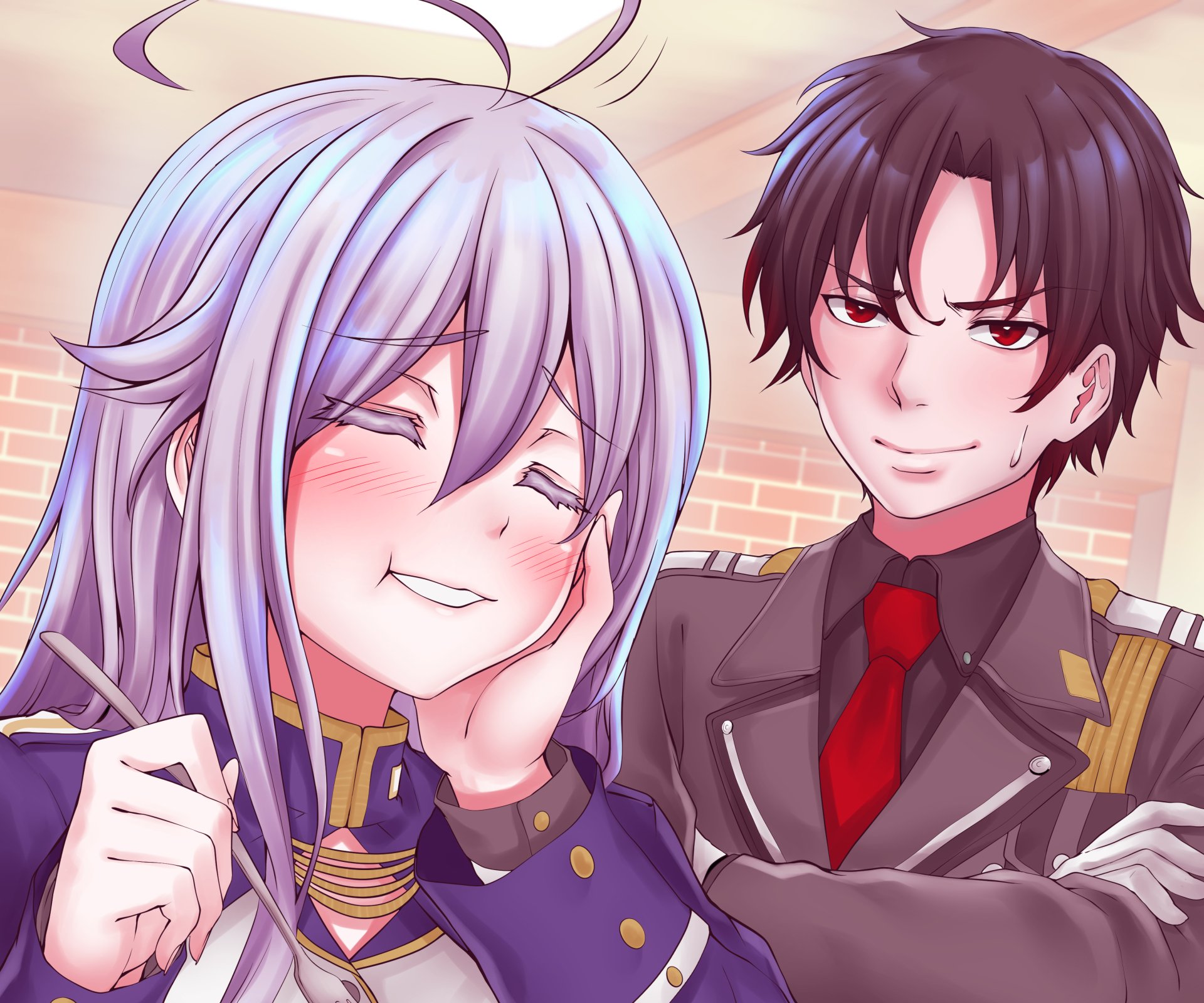 HD anime wallpaper featuring Vladilena Milizé and Shinei Nouzen from Eighty Six against a softly lit brick wall background.