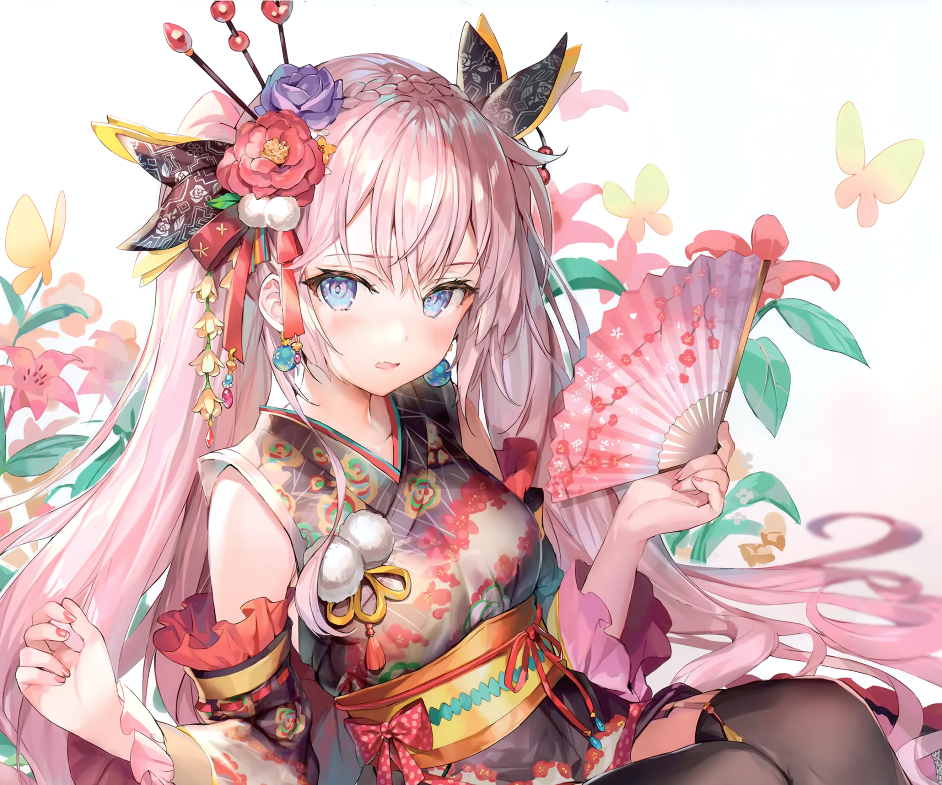 Anime girl in a detailed kimono holding a pink fan, surrounded by flowers and butterflies in this vibrant HD PC desktop wallpaper.