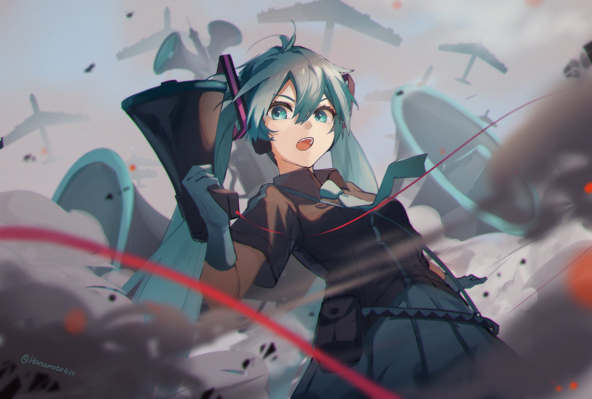 Hatsune Miku (Vocaloid) from Love is War — anime HD PC desktop wallpaper/background: teal twin-tails, school uniform, striking pose amid red strings and stormy clouds.