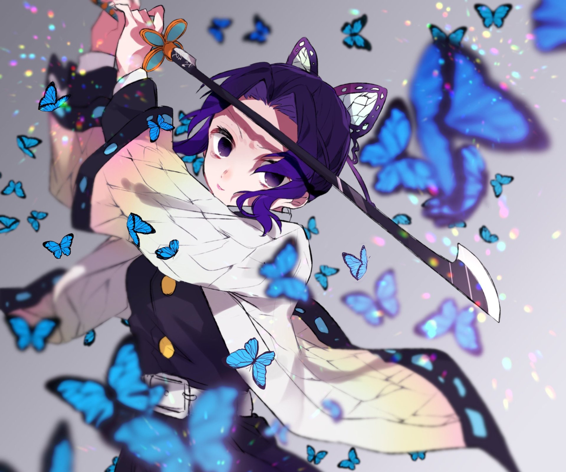 HD anime desktop wallpaper featuring Shinobu Kochou from Demon Slayer: Kimetsu no Yaiba surrounded by vibrant blue butterflies.