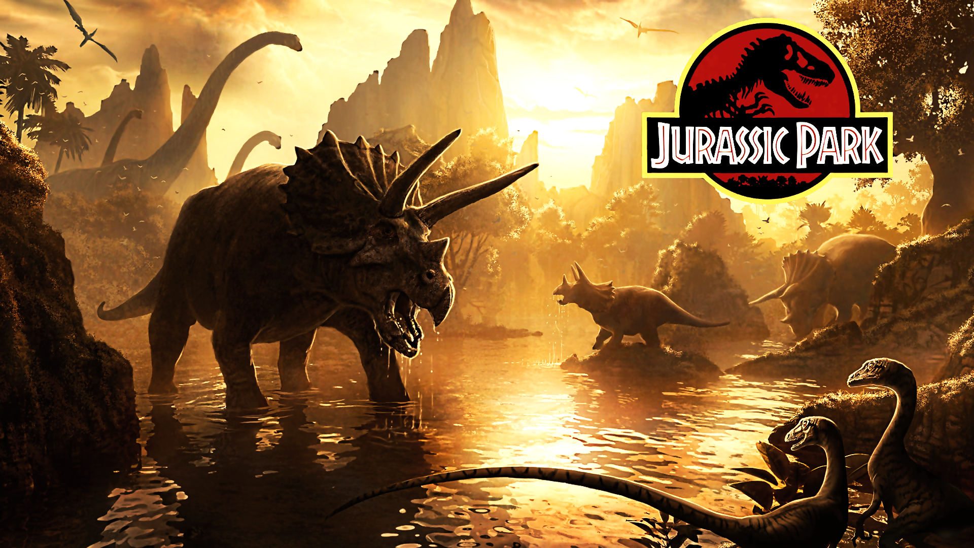 HD PC desktop wallpaper featuring a Jurassic Park scene with Triceratops and other dinosaurs against a dramatic sunset and iconic Jurassic Park logo.
