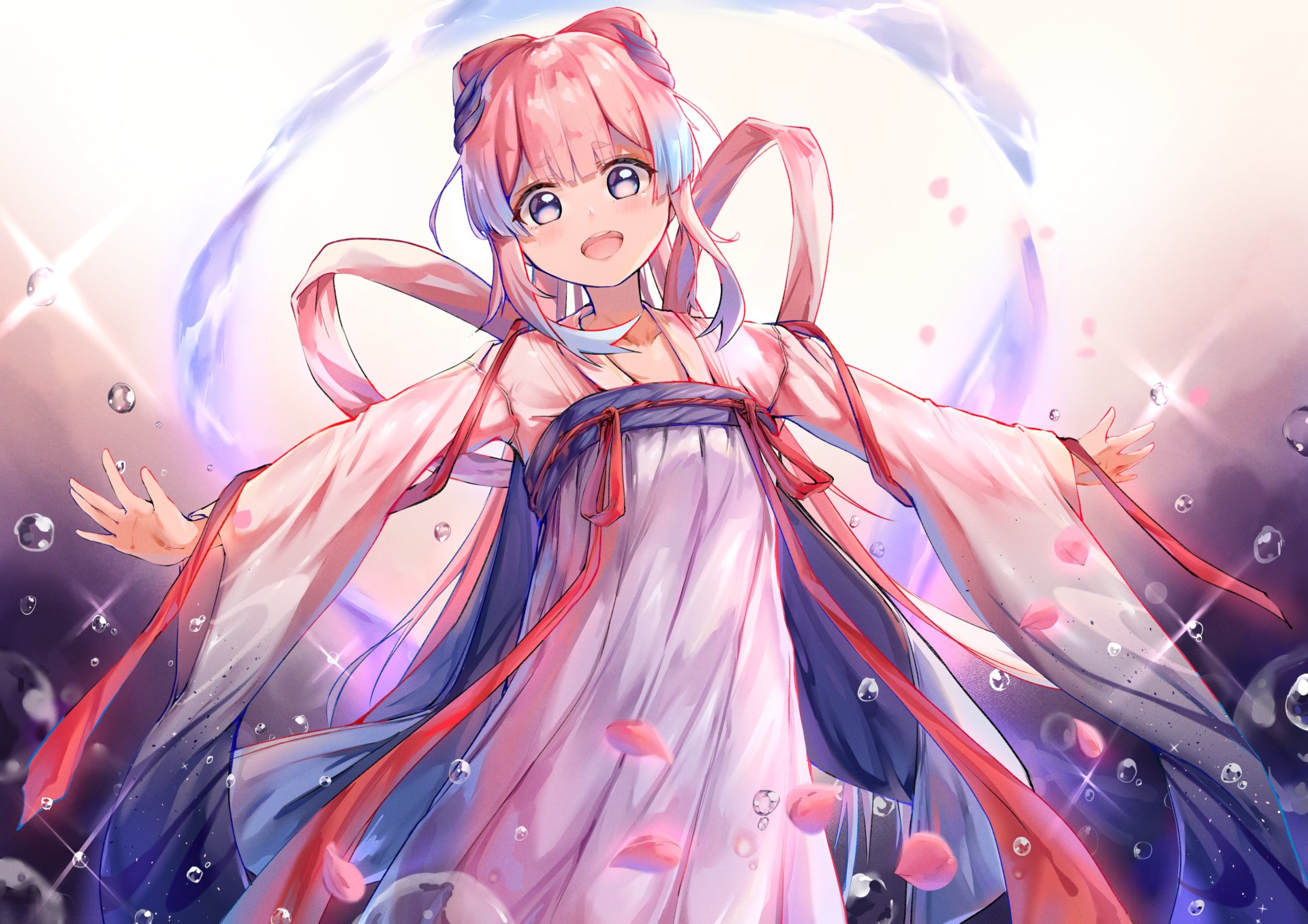 Sangonomiya Kokomi wearing a flowing kimono, smiling amid petals and water droplets in a pastel, water-themed 2K Quad HD PC desktop wallpaper from the video game Genshin Impact.