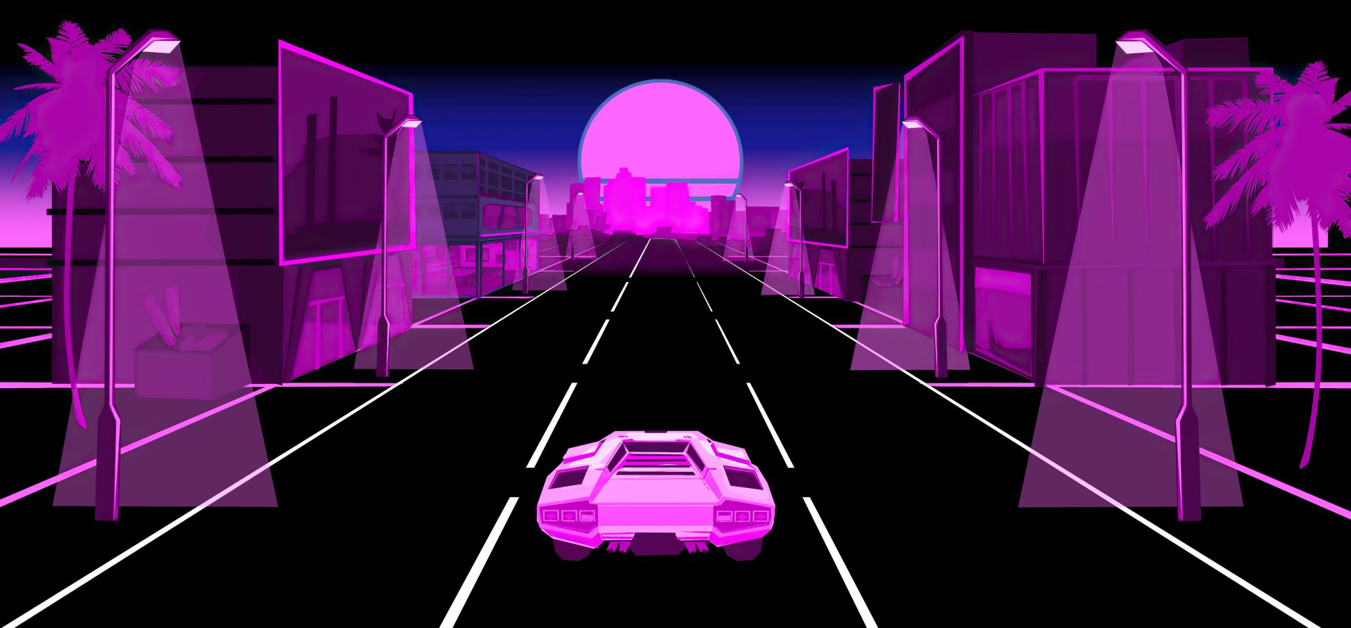 A purple Lamborghini speeds down a neon-lit city street at sunset in a synthwave-style 4K Ultra HD artistic desktop wallpaper.
