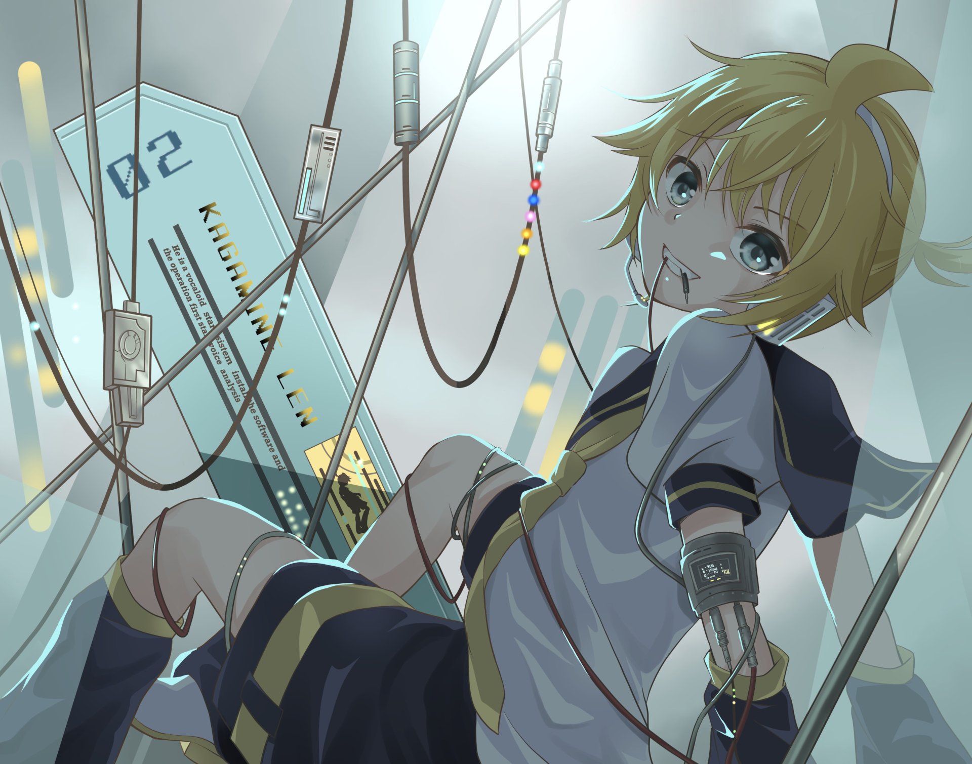 Len Kagamine from Vocaloid is depicted in detailed anime style with a futuristic, tech-inspired backdrop in this 4K Ultra HD PC desktop wallpaper.
