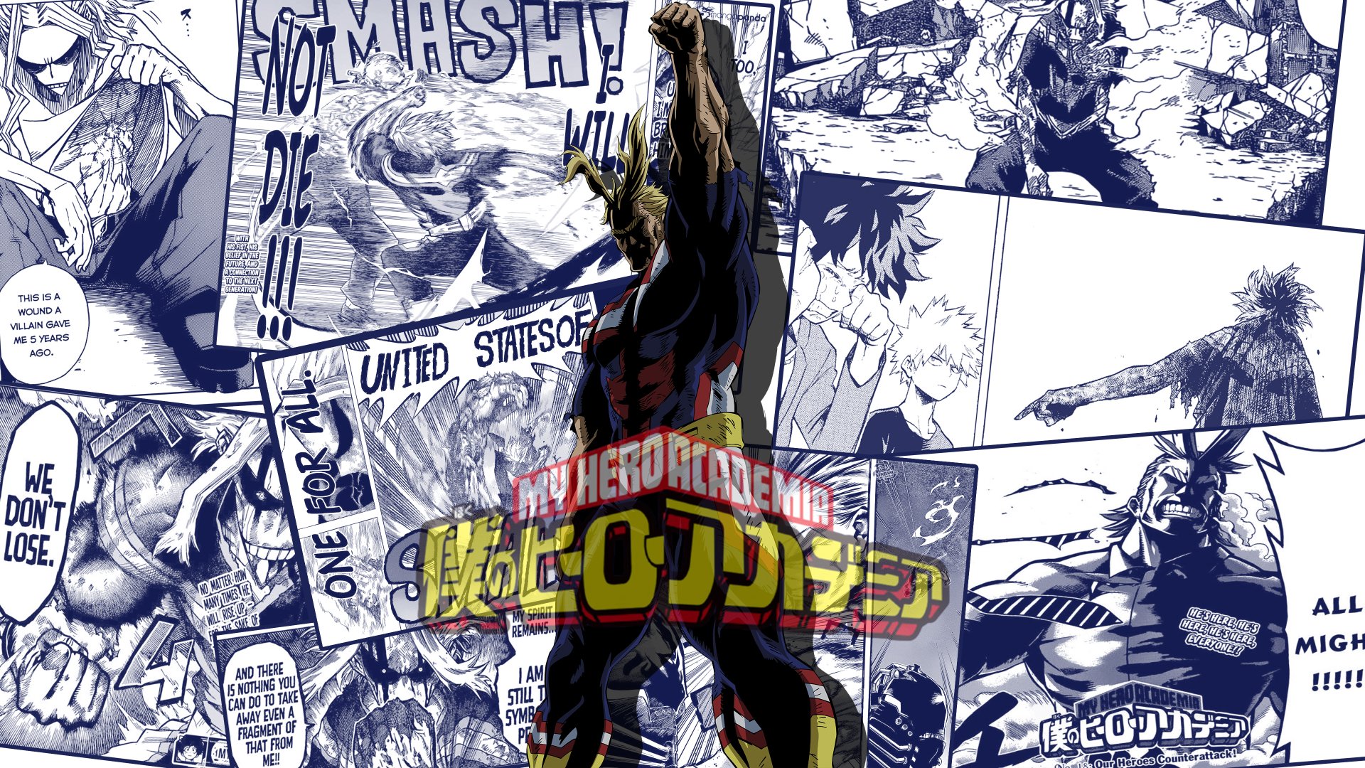 4K Ultra HD My Hero Academia wallpaper featuring All Might standing boldly against a dynamic manga-style background from the anime.