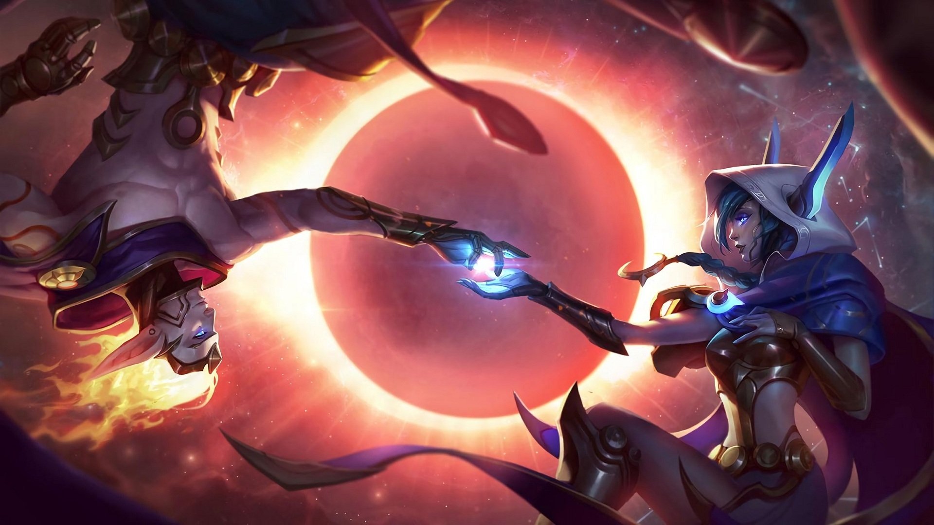 HD desktop wallpaper featuring Rakan and Xayah from League of Legends, showcasing dynamic poses against a glowing, celestial background.
