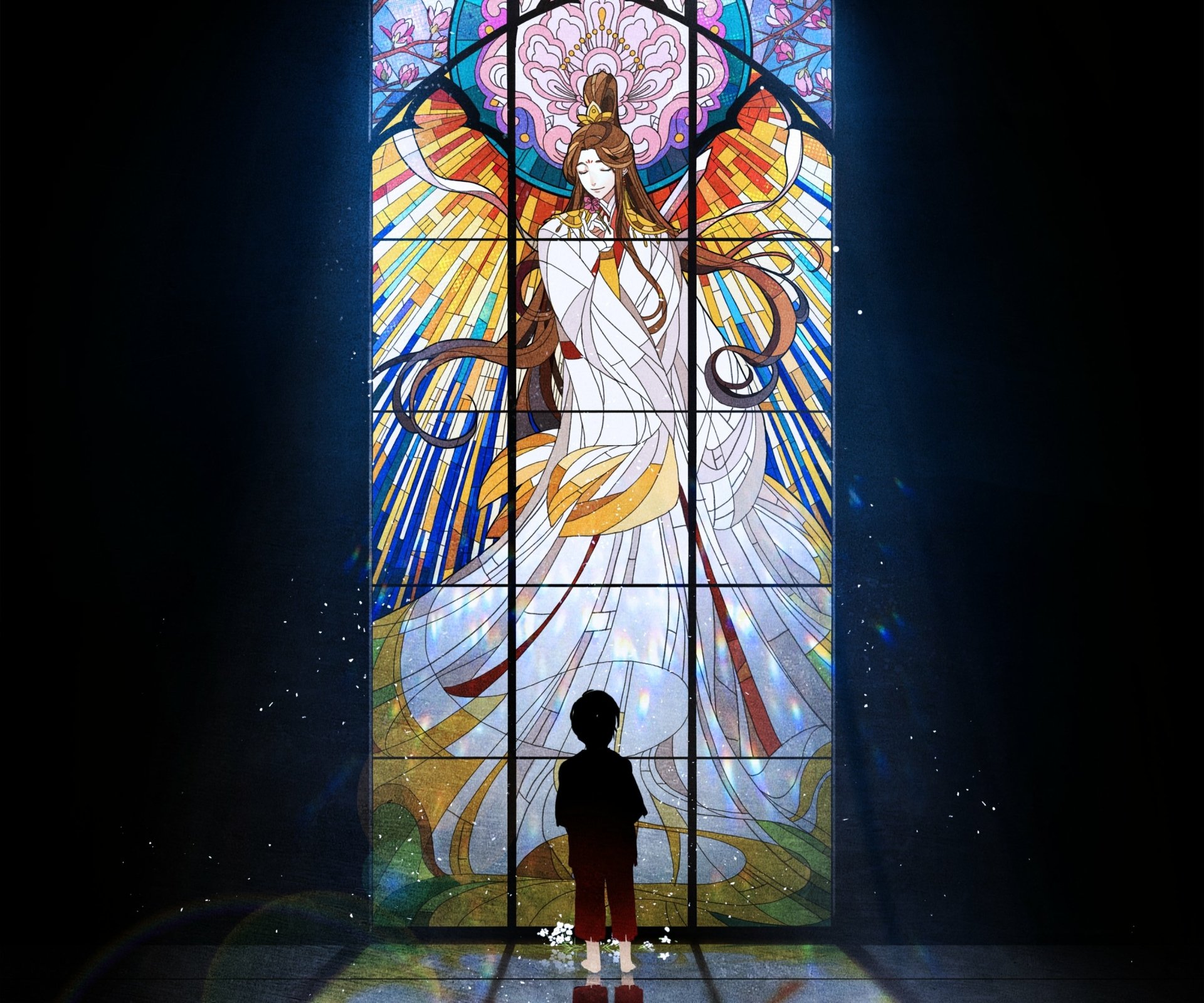 HD anime desktop wallpaper featuring stained glass art of Xie Lian and Hua Cheng from Tian Guan Ci Fu, illuminated with vibrant, radiant colors.