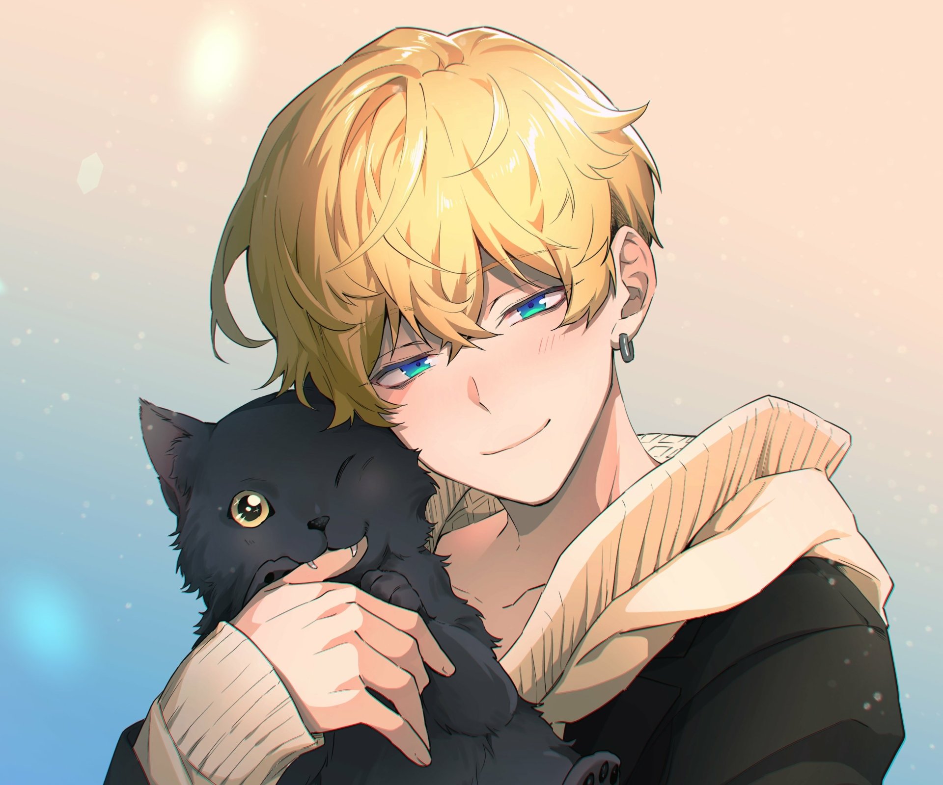 HD PC desktop wallpaper of Chifuyu Matsuno from Tokyo Revengers, featuring him smiling gently while holding a black cat against a soft pastel background.