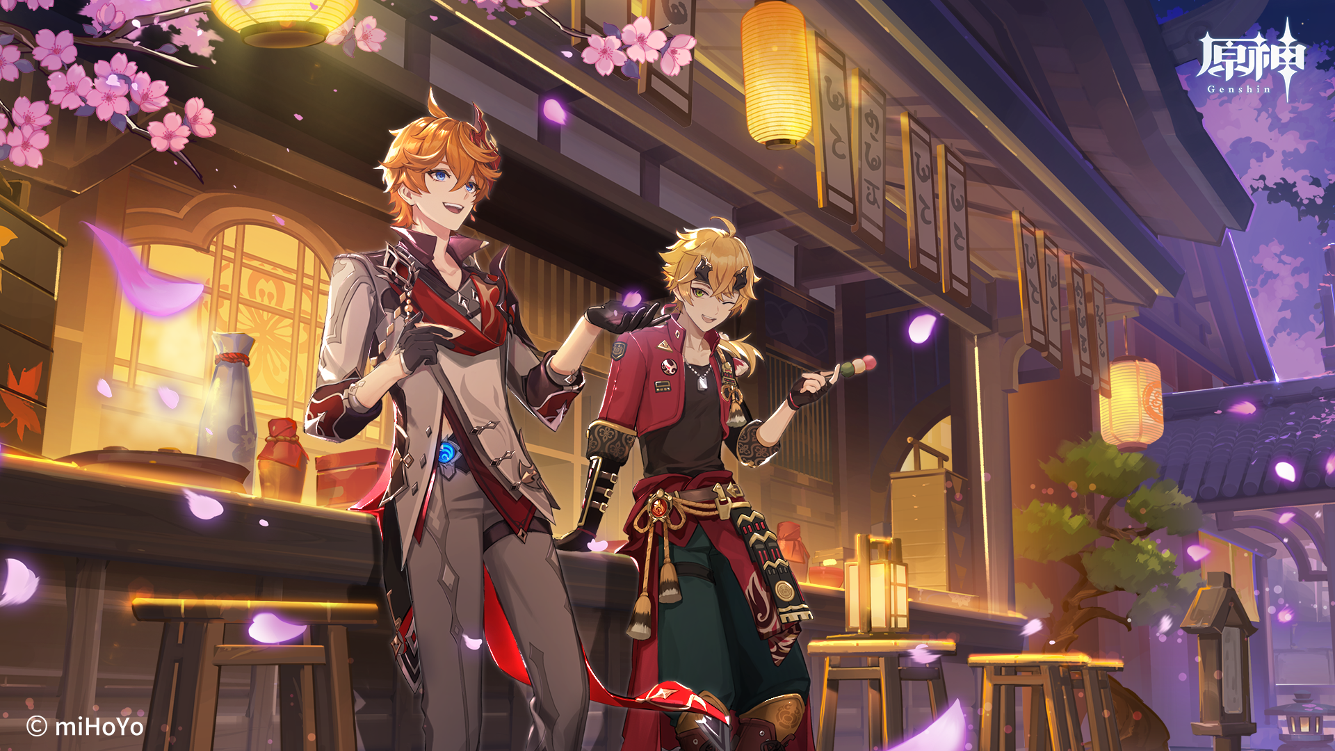 HD PC desktop wallpaper featuring Tartaglia Childe and Thoma from the video game Genshin Impact, set in a vibrant, lantern-lit street with cherry blossoms.