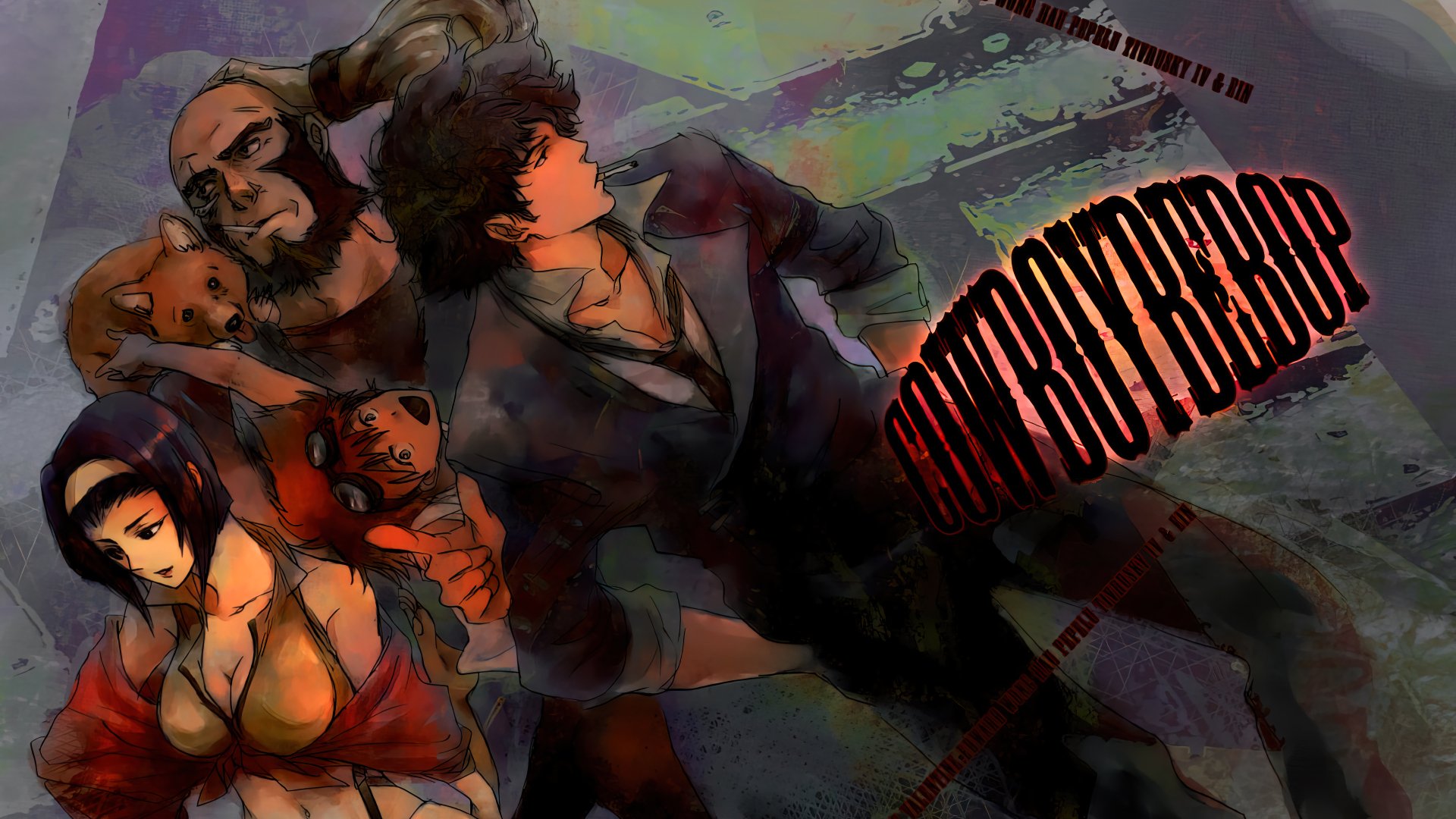 4K Ultra HD Anime wallpaper featuring the main characters of Cowboy Bebop in a dynamic, stylized pose with a dark, gritty background.