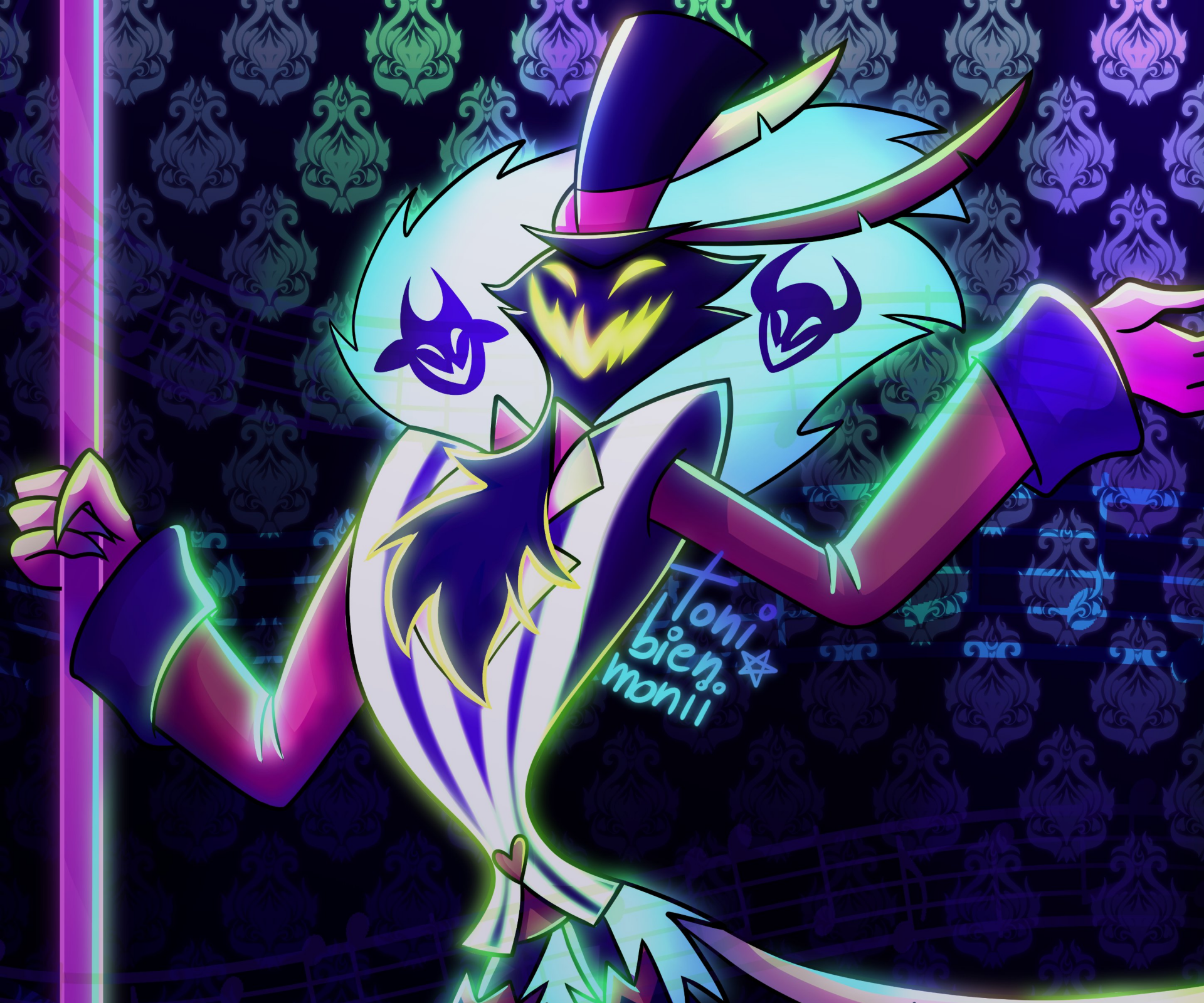 HD desktop wallpaper featuring Asmodeus from the TV show Helluva Boss, showcasing his vibrant, sinister design against a patterned dark background.
