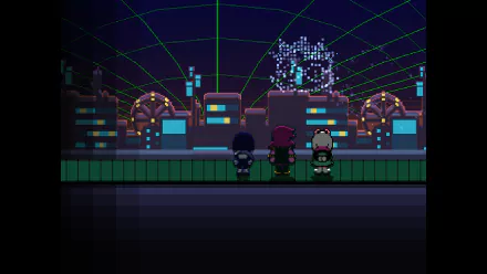 HD PC desktop wallpaper featuring Susie, Kris, and Ralsei from the video game Deltarune standing together against a neon-lit cityscape with a digital grid background.