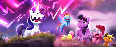 HD TV wallpaper from My Little Pony: Friendship Is Magic showing Applejack, Fluttershy, Rainbow Dash, Pinkie Pie, Twilight Sparkle and Rarity in a dramatic neon-lit scene.