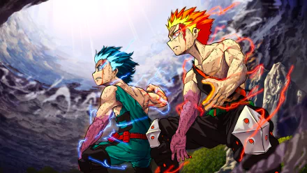Anime HD PC desktop wallpaper from My Hero Academia: Heroes Rising showing two battle-worn heroes — blue- and flame-haired — crouched and poised amid rubble under a stormy sky.