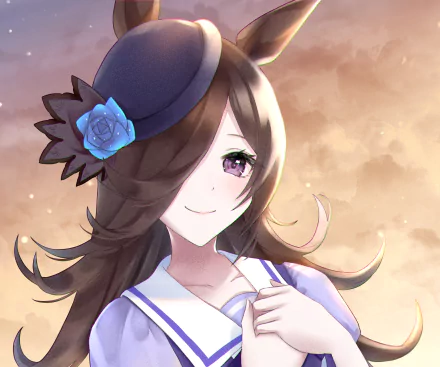 Rice Shower from Uma Musume: Pretty Derby — anime HD desktop wallpaper of the character in a sailor outfit and hat with a blue rose, smiling against a warm, glowing sky background.