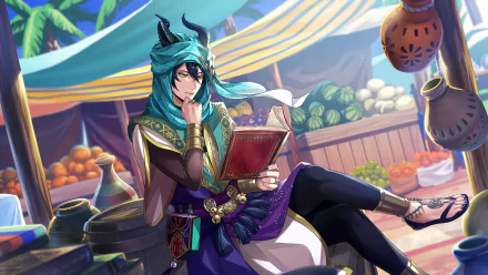 HD PC desktop wallpaper featuring Malleus Draconia from the video game Twisted Wonderland, depicted reading a book in a vibrant marketplace setting.