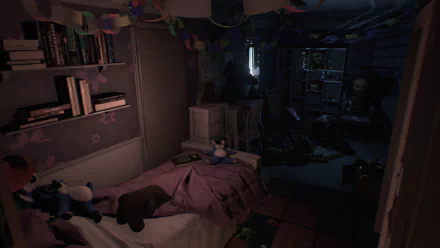 A dark, atmospheric room filled with scattered toys and books, creating an eerie ambiance. This HD desktop wallpaper captures the haunting essence of the video game Visage.