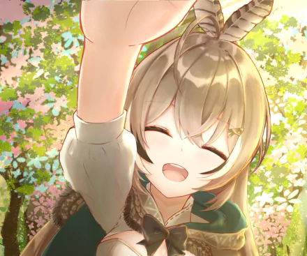 HD PC desktop wallpaper/background: hololive Virtual YouTuber Nanashi Mumei, anime-style, smiling beneath dappled sunlight with leafy bokeh.