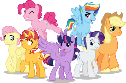 4K Ultra HD PC desktop wallpaper of genderbend My Little Pony: Friendship Is Magic characters — Sunset Glare, Butterscotch, Bubble Berry, Rainbow Blitz, Elusive, Dusk Shine and Applejack posed together.