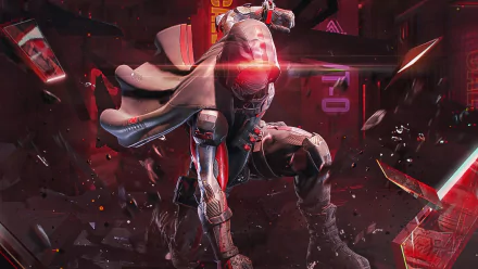 Call of Duty: Mobile video game 4K Ultra HD PC desktop wallpaper and background — armored soldier with glowing red visor crouches amid shattered glass and neon debris.