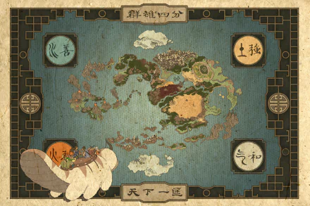 8K Ultra HD desktop wallpaper featuring a detailed map from the anime Avatar: The Last Airbender, showcasing its world and elemental symbols.