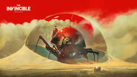 HD desktop wallpaper featuring the video game The Invincible with a red, robotic creature inside a transparent dome in a sandy, otherworldly desert landscape.
